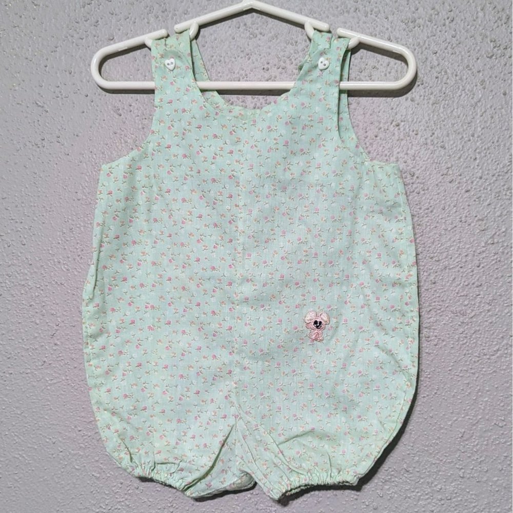Light‎ Green Vintage Baby Romper With Embroidered Mouse & Pink Flowers